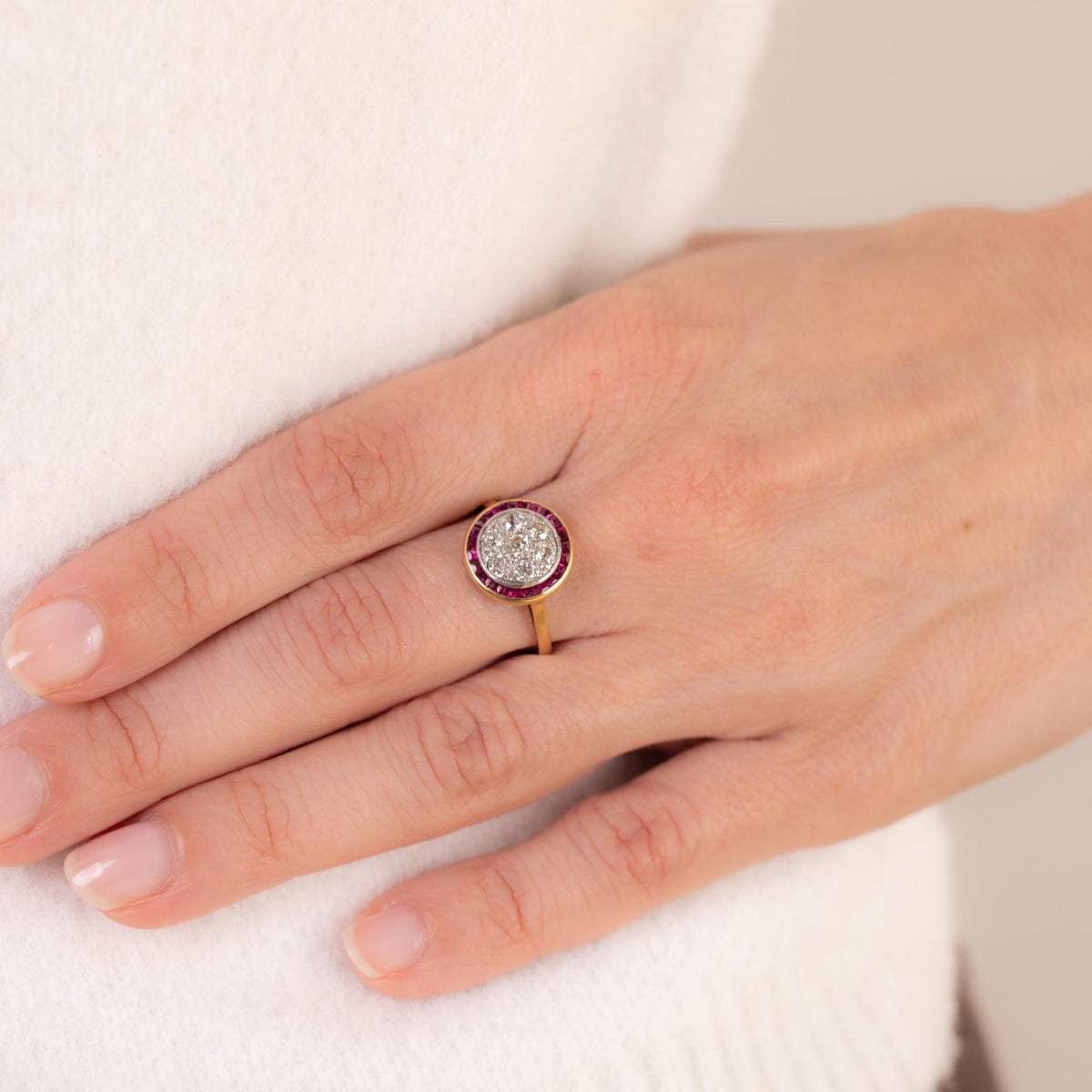 Victorian diamond ruby 18k yellow gold target ring