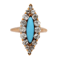 Victorian turquoise diamond 14k rose gold Navette ring