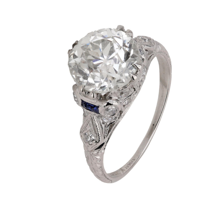 Art Deco GIA 2.14 carat old European cut diamond sapphire platinum ring