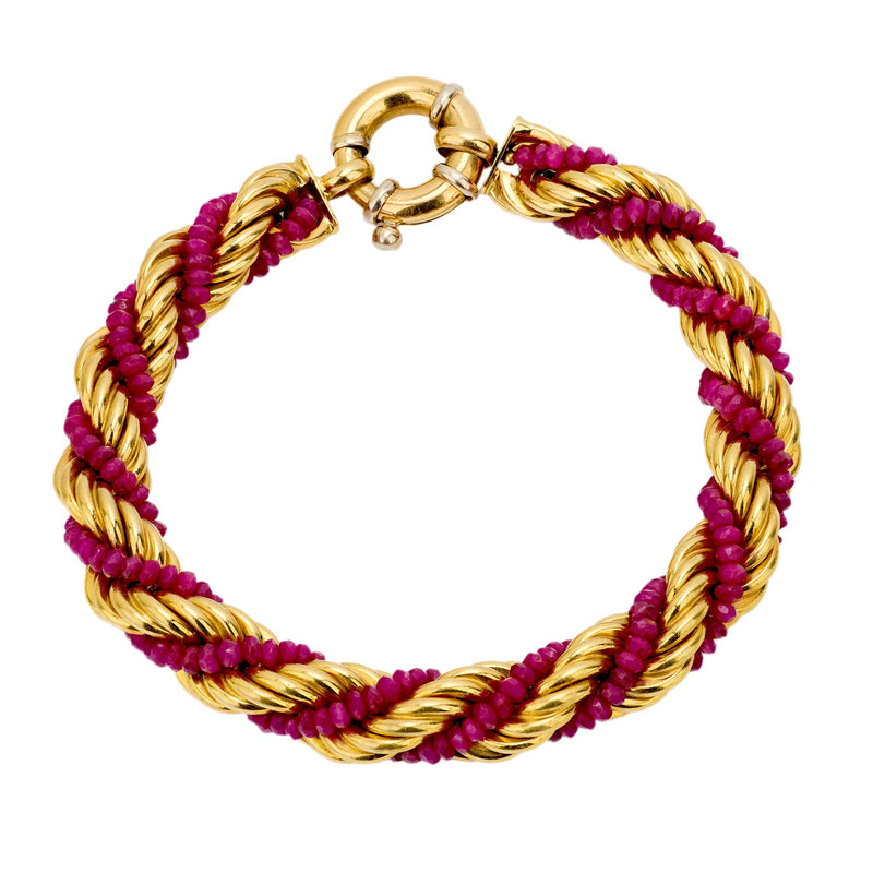 Vintage beaded ruby 18k yellow gold rope bracelet