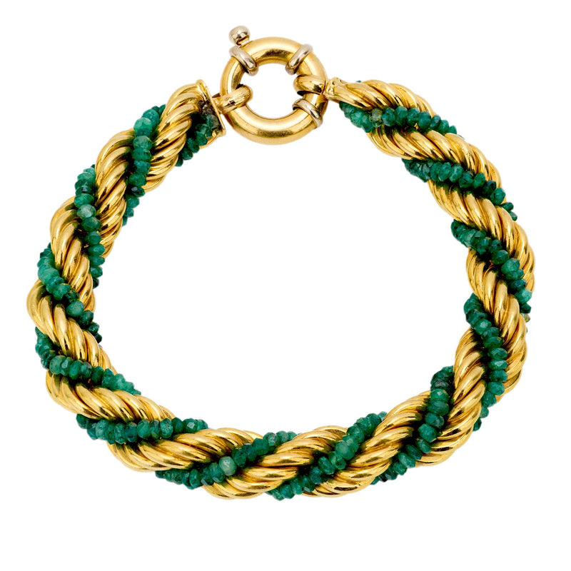 Vintage Beaded emeralds 18k yellow gold rope bracelet