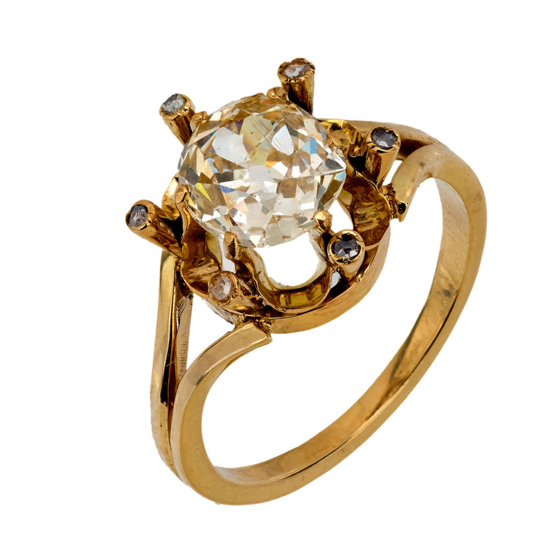 Vintage 1.50 carat old mine diamond 18k yellow gold spray ring