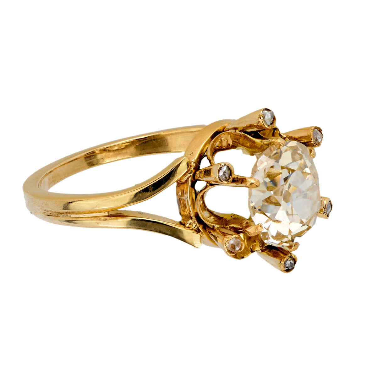 Vintage 1.50 carat old mine diamond 18k yellow gold spray ring