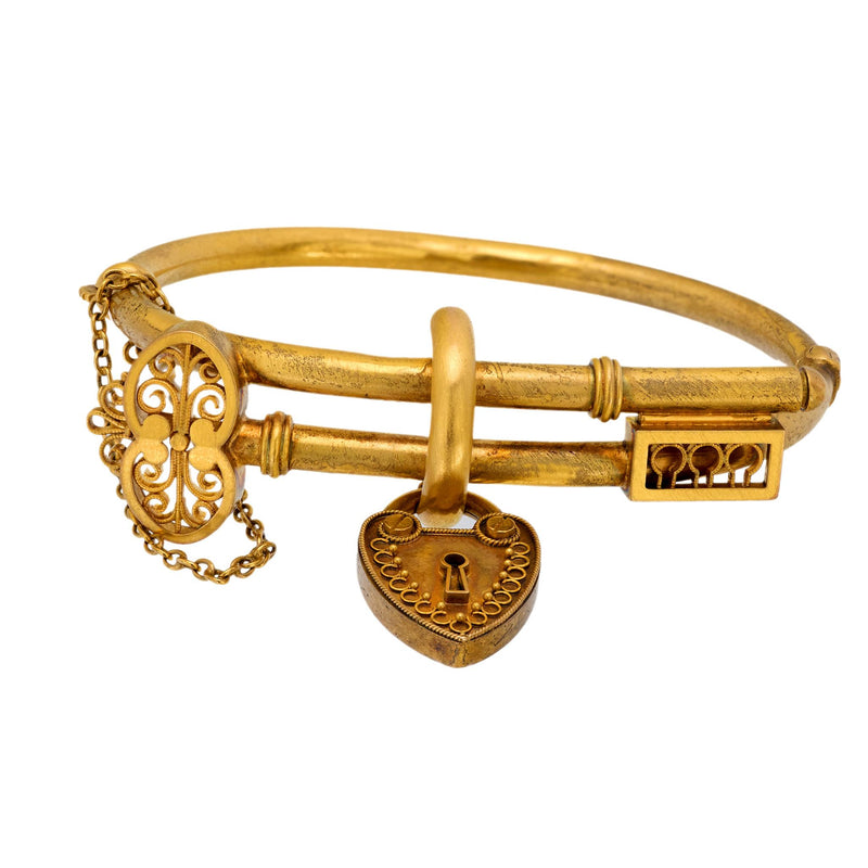 Victorian matte 18k yellow gold lock and key bracelet