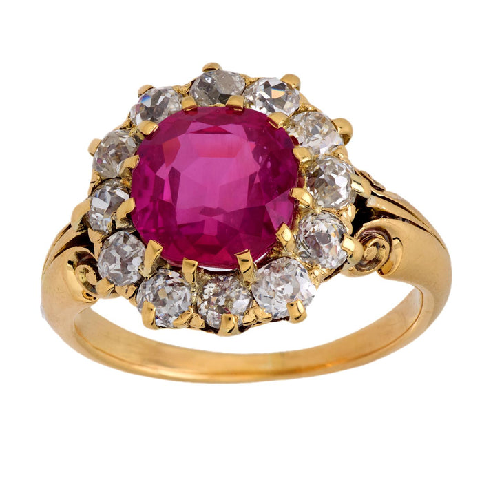 Victorian AGL 3.60 carat Burma no heat ruby diamond 18k yellow gold cluster ring