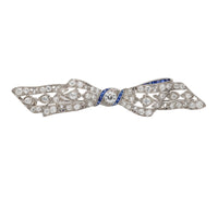 Art Deco 1.50 carat diamond sapphire platinum bow brooch