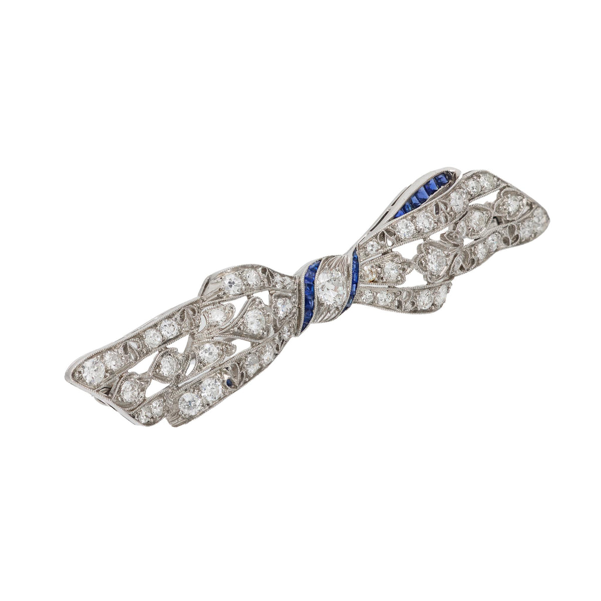 Art Deco 1.50 carat diamond sapphire platinum bow brooch