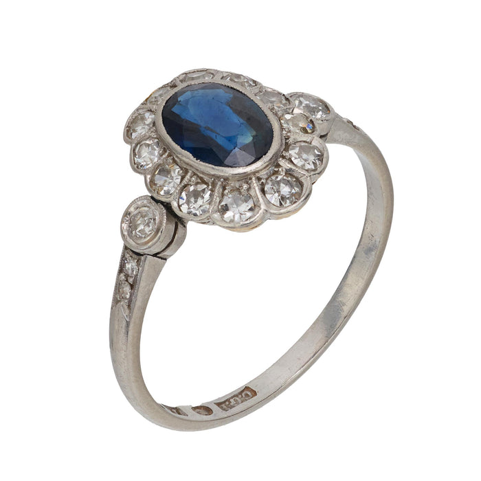 Mid Century English sapphire diamond platinum cluster ring