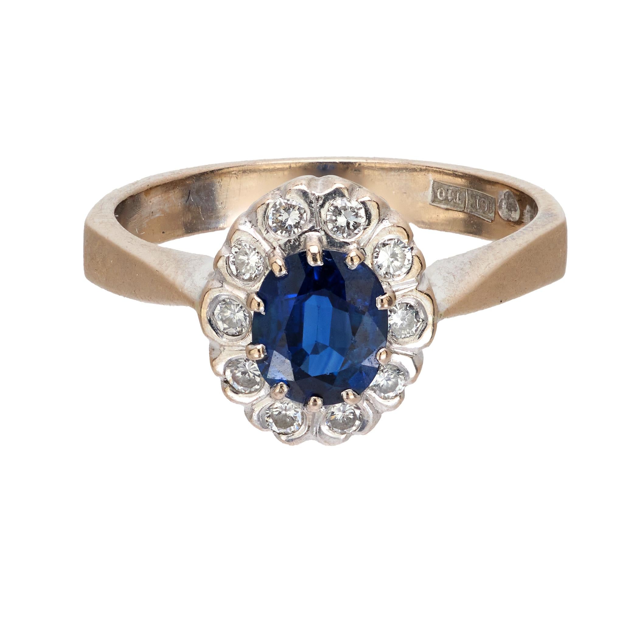 Vintage sapphire diamond 18k white gold cluster ring