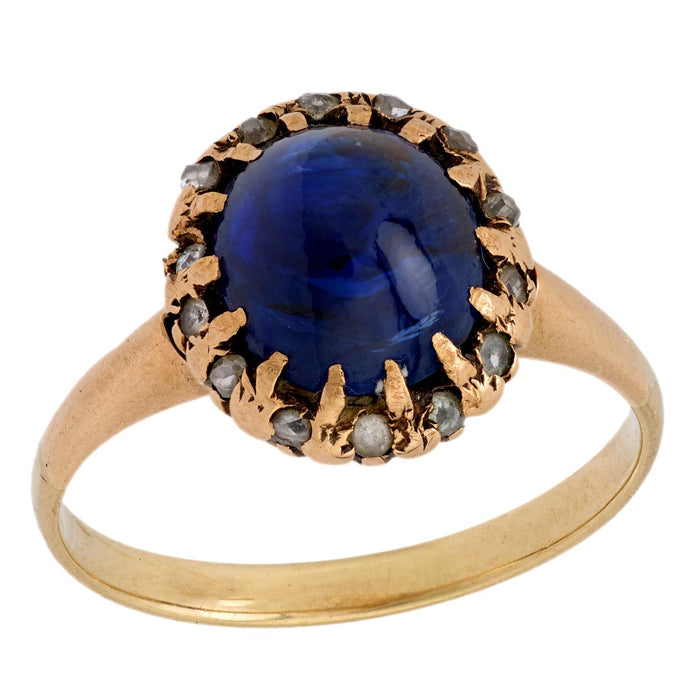 Victorian GIA 4.10 carat cabochon cut no heat sapphire 14k yellow gold ring