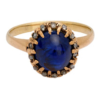 Victorian GIA 4.10 carat cabochon cut no heat sapphire 14k yellow gold ring