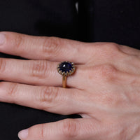 Victorian GIA 4.10 carat cabochon cut no heat sapphire 14k yellow gold ring