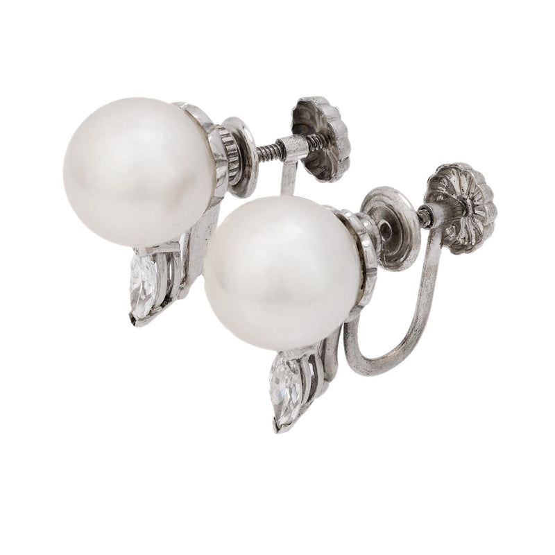 Vintage cultured pearl diamond 14k white gold earrings