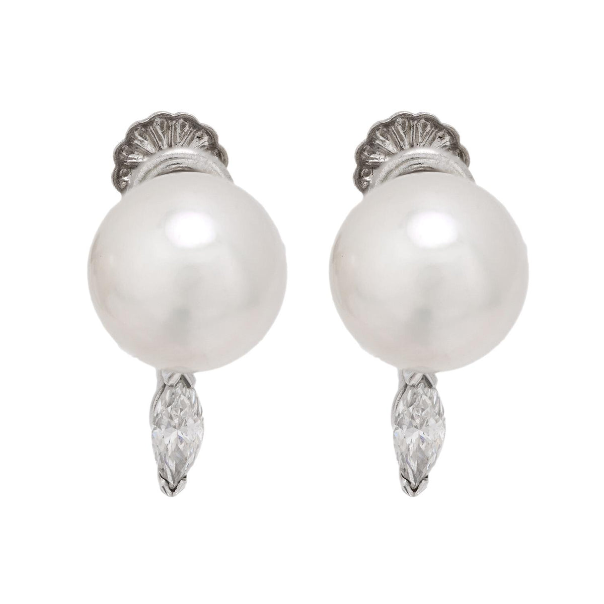 Vintage cultured pearl diamond 14k white gold earrings