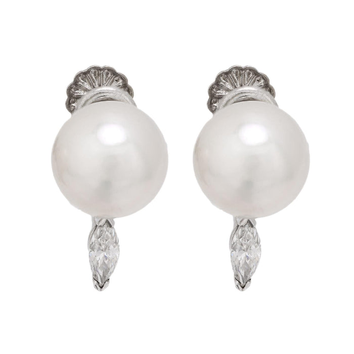 Vintage cultured pearl diamond 14k white gold earrings