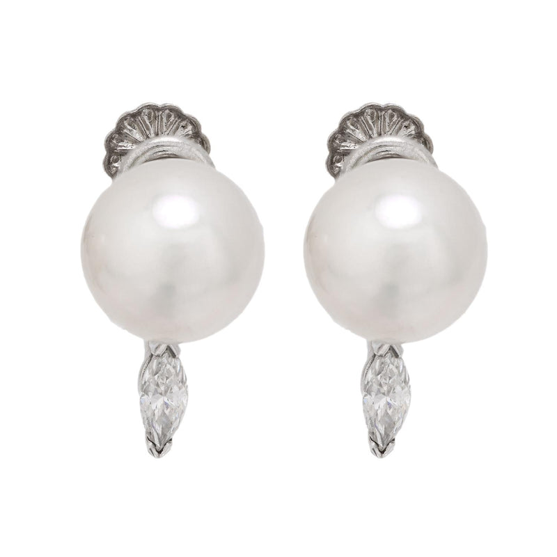Vintage cultured pearl diamond 14k white gold earrings