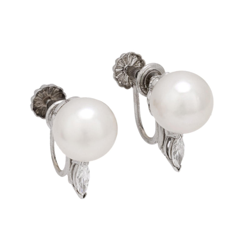 Vintage cultured pearl diamond 14k white gold earrings
