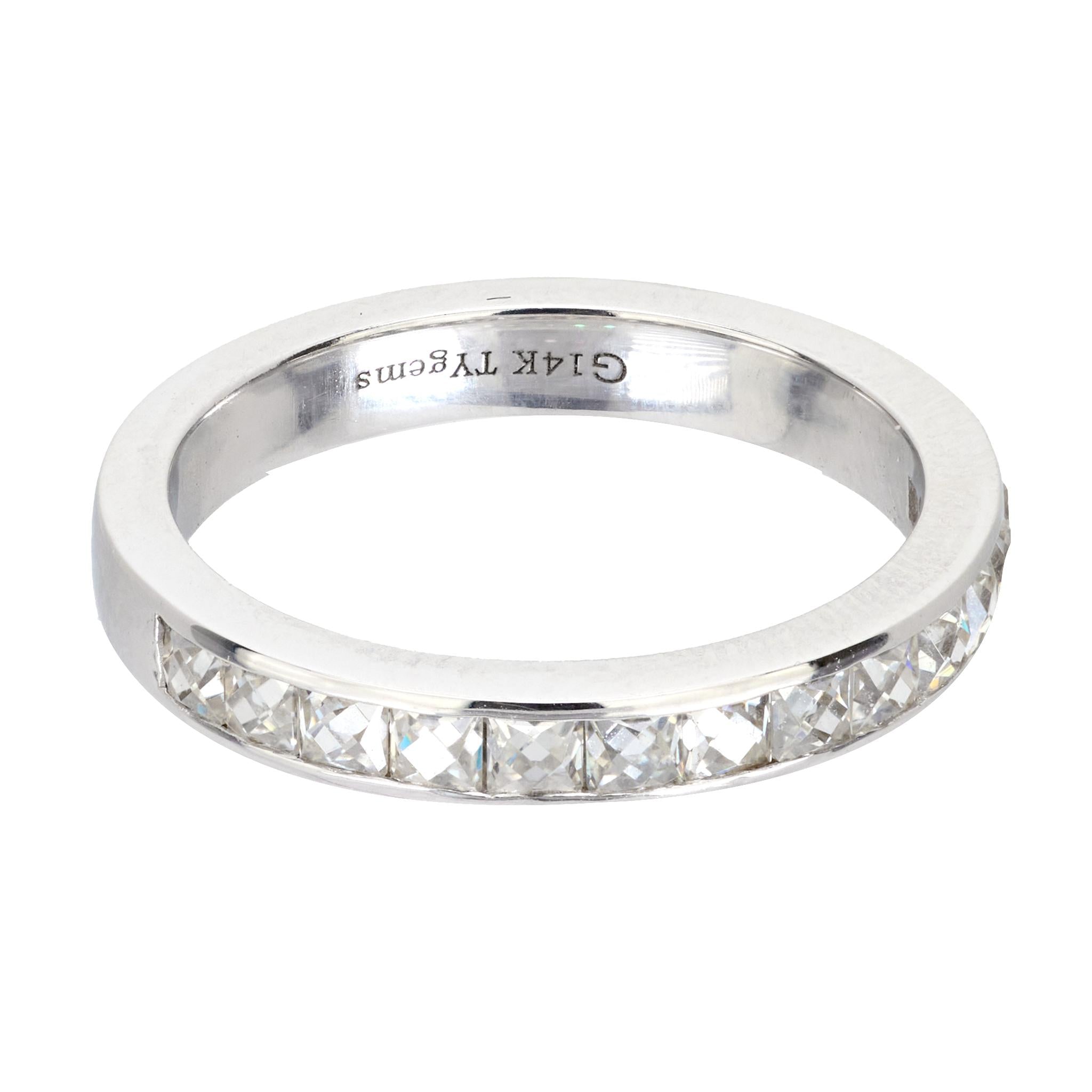 Vintage French cut diamond 14k white gold wedding band