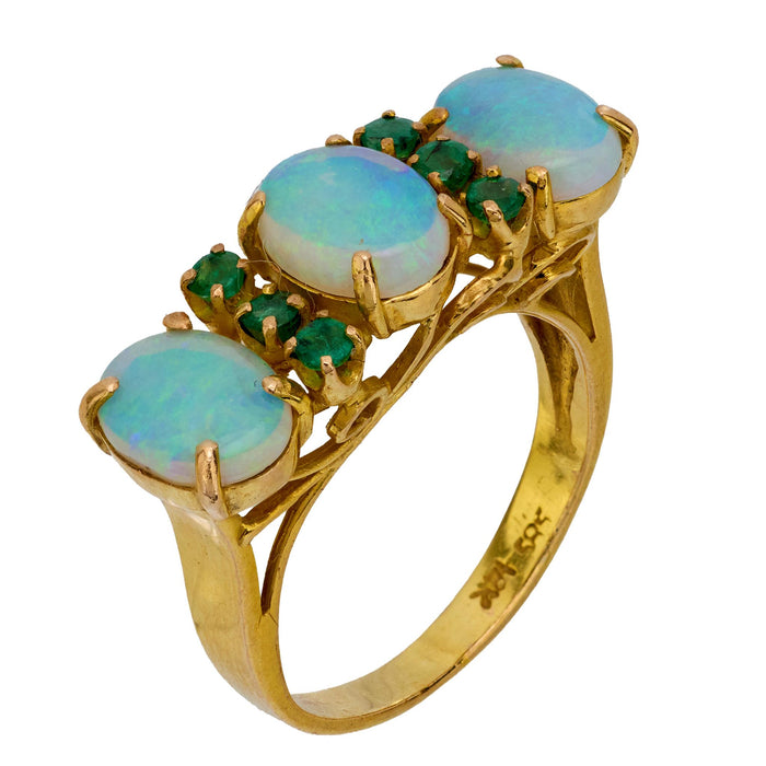 Mid Century opal emerald 14k yellow gold cocktail ring