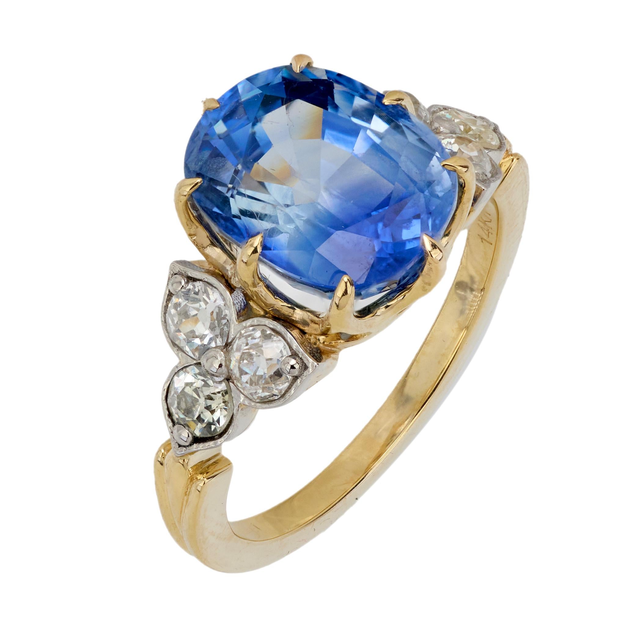 Vintage GIA 4.55 carat sapphire old European diamond 14k yellow gold ring