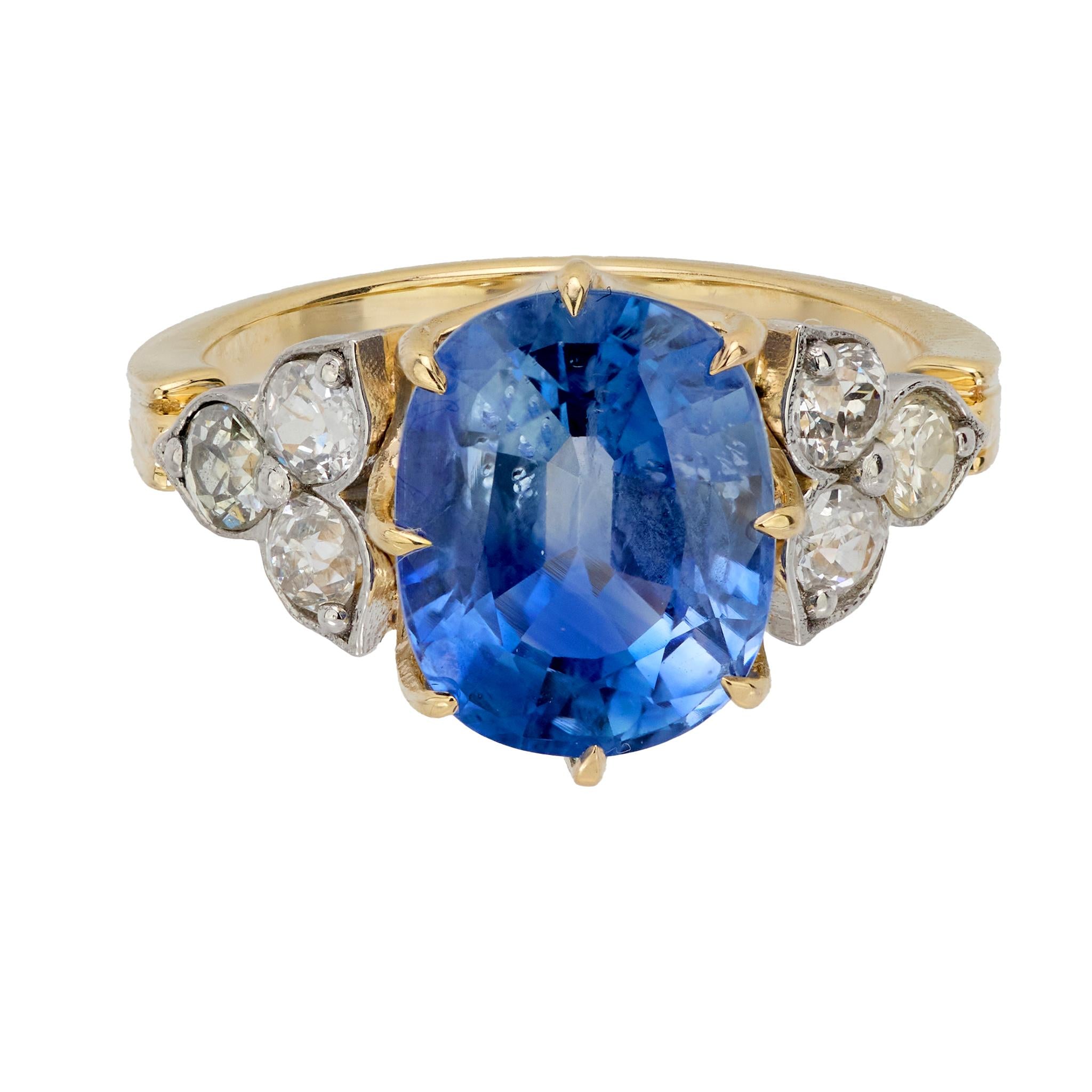 Vintage GIA 4.55 carat sapphire old European diamond 14k yellow gold ring