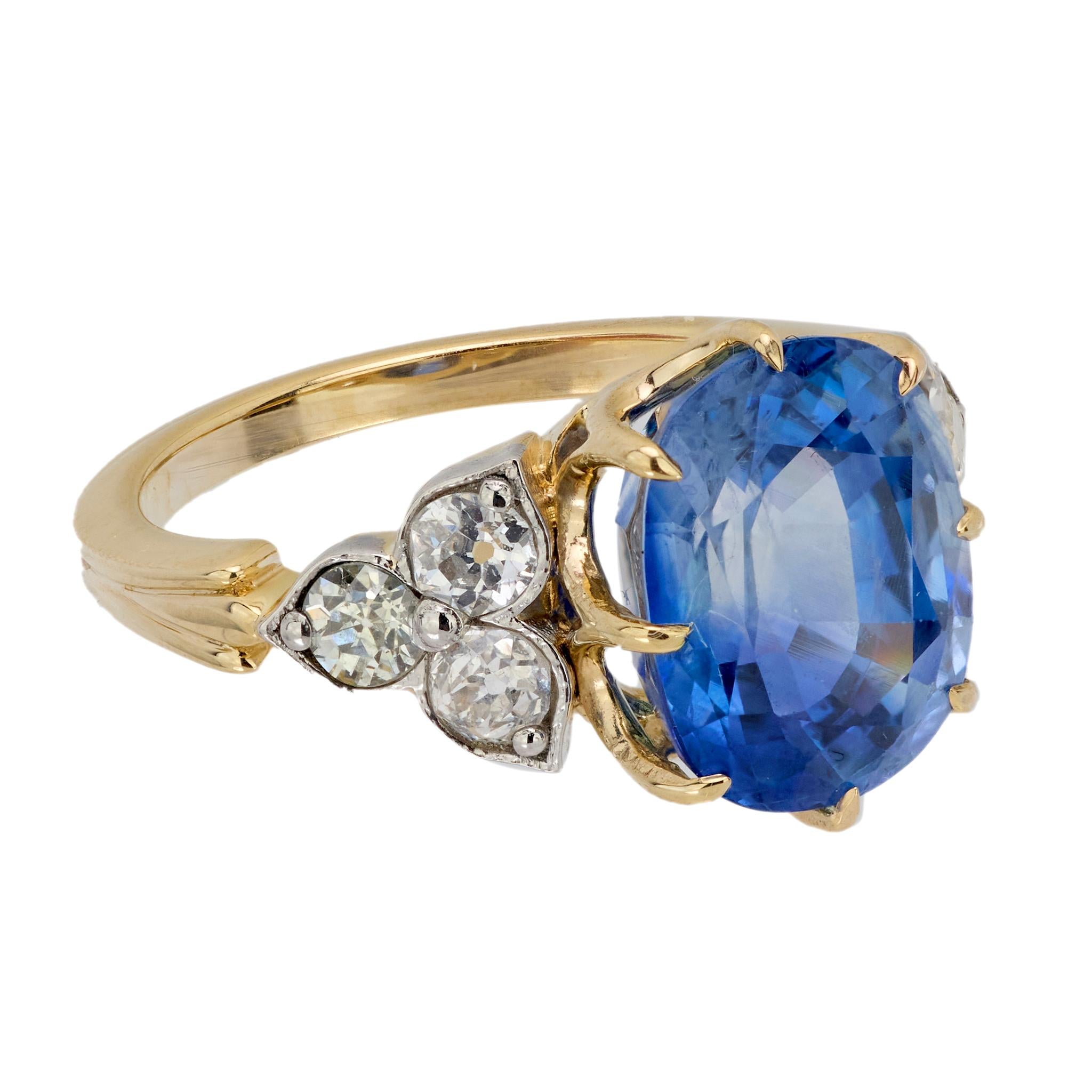 Vintage GIA 4.55 carat sapphire old European diamond 14k yellow gold ring