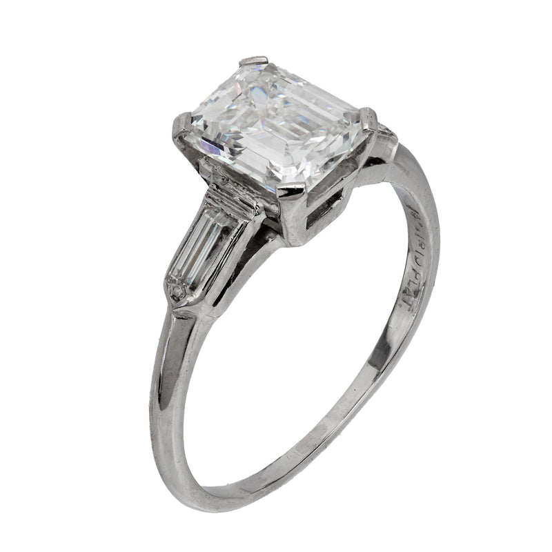 Mid Century GIA 1.53 carat emerald cut diamond platinum engagement ring