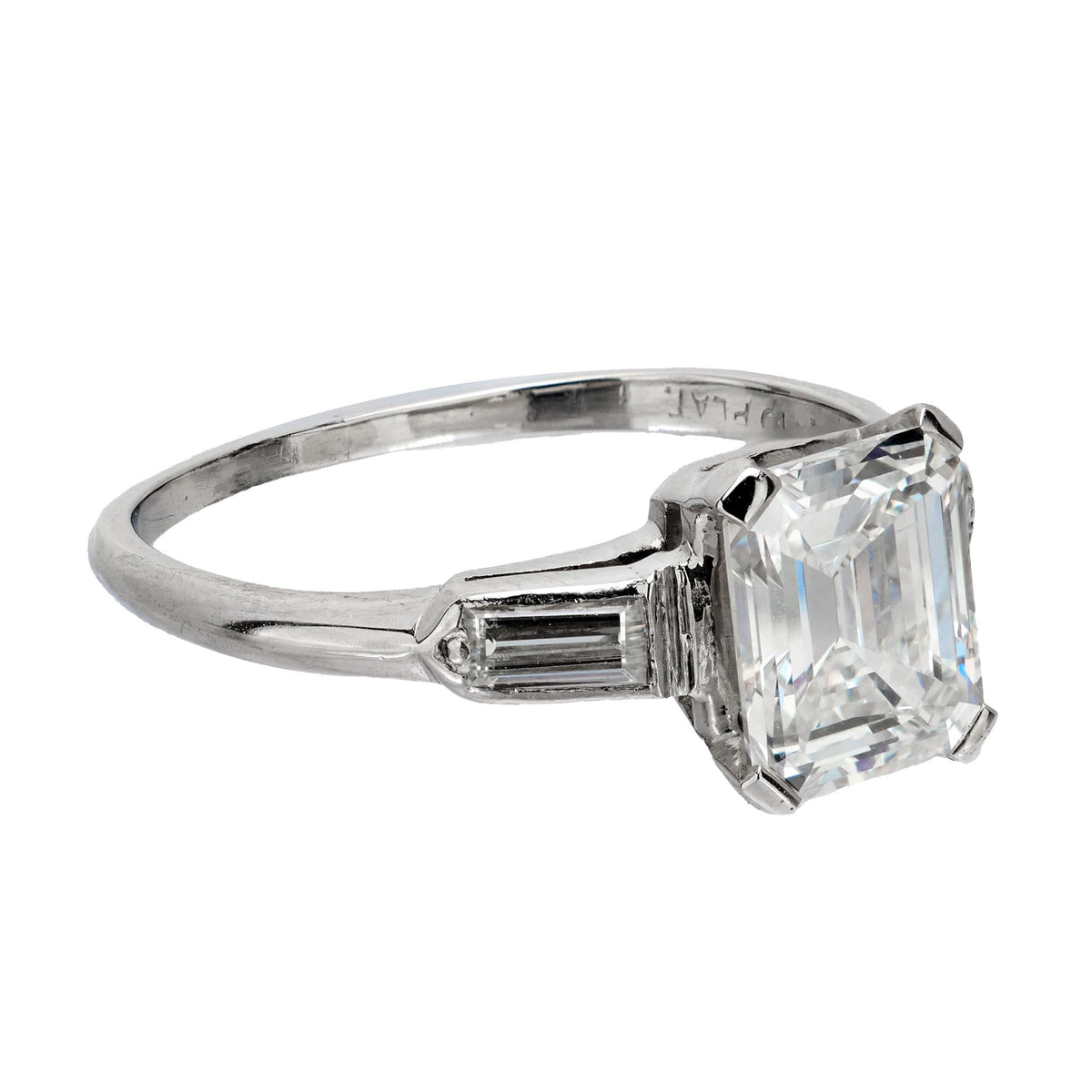 Mid Century GIA 1.53 carat emerald cut diamond platinum engagement ring