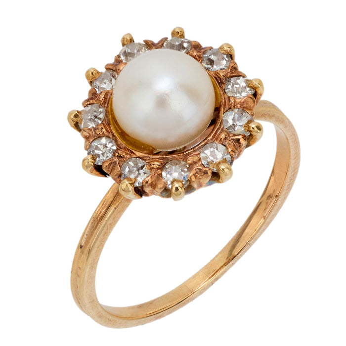 Victorian pearl diamond 14k yellow gold ring