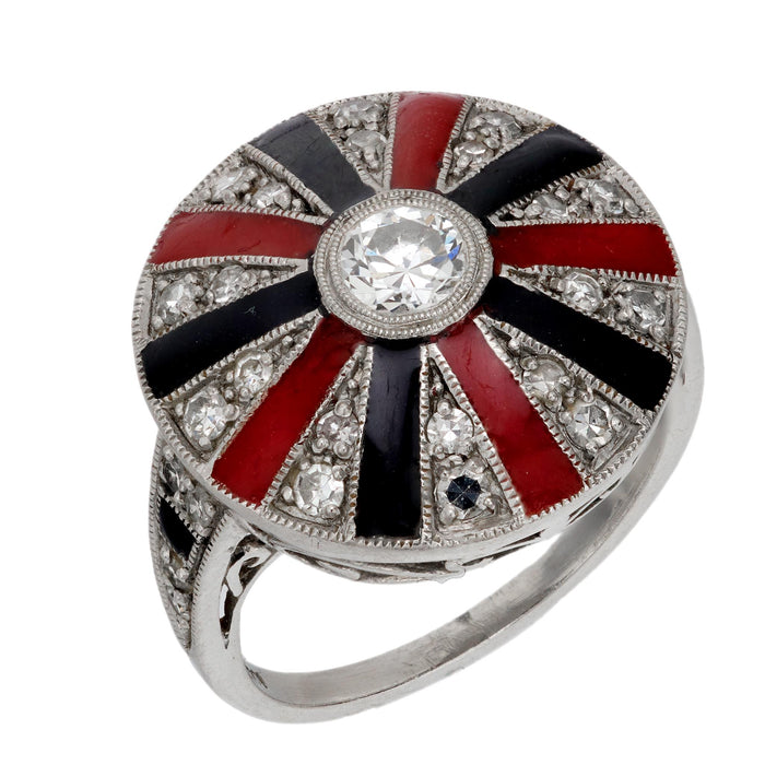 Art Deco style diamond red and black enamel platinum cocktail ring