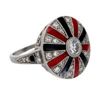 Art Deco style diamond red and black enamel platinum cocktail ring