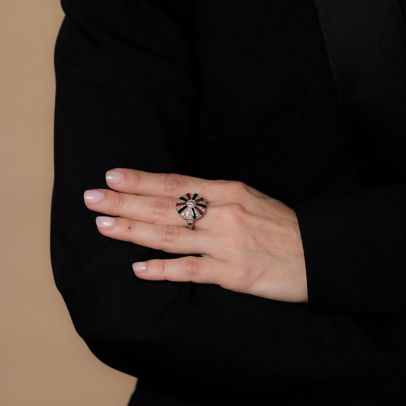 Art Deco style diamond red and black enamel platinum cocktail ring