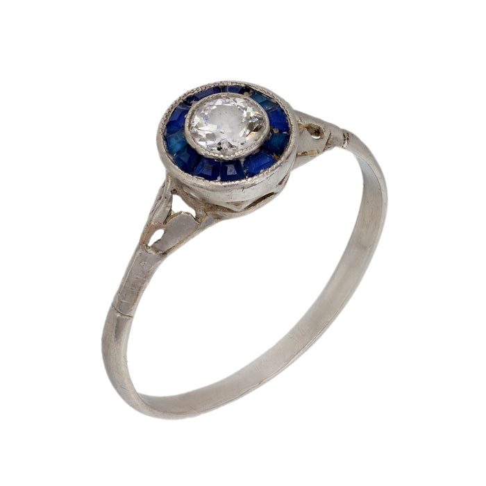 Art Deco diamond sapphire platinum target ring