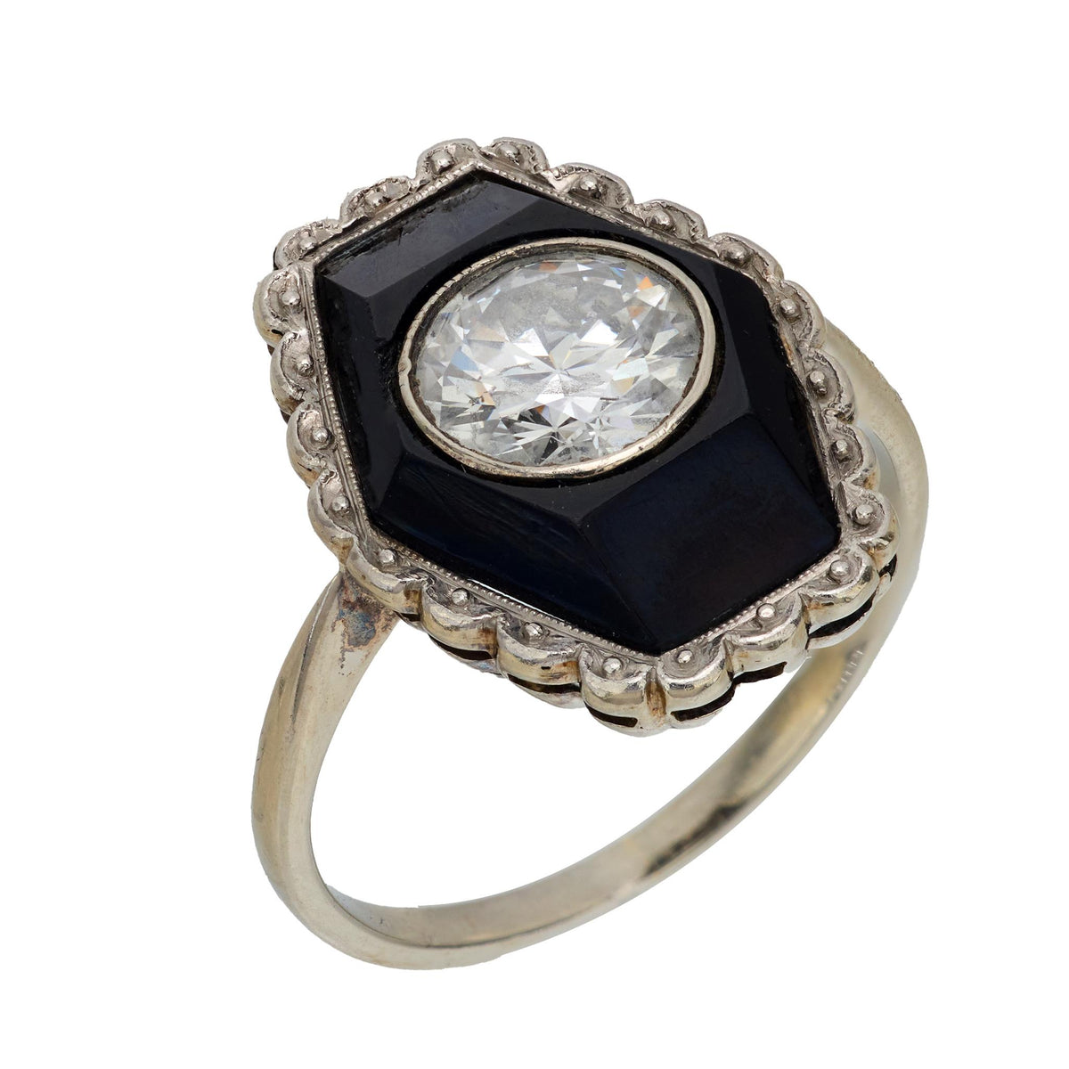 Art Deco old European cut diamond onyx 14k white gold ring