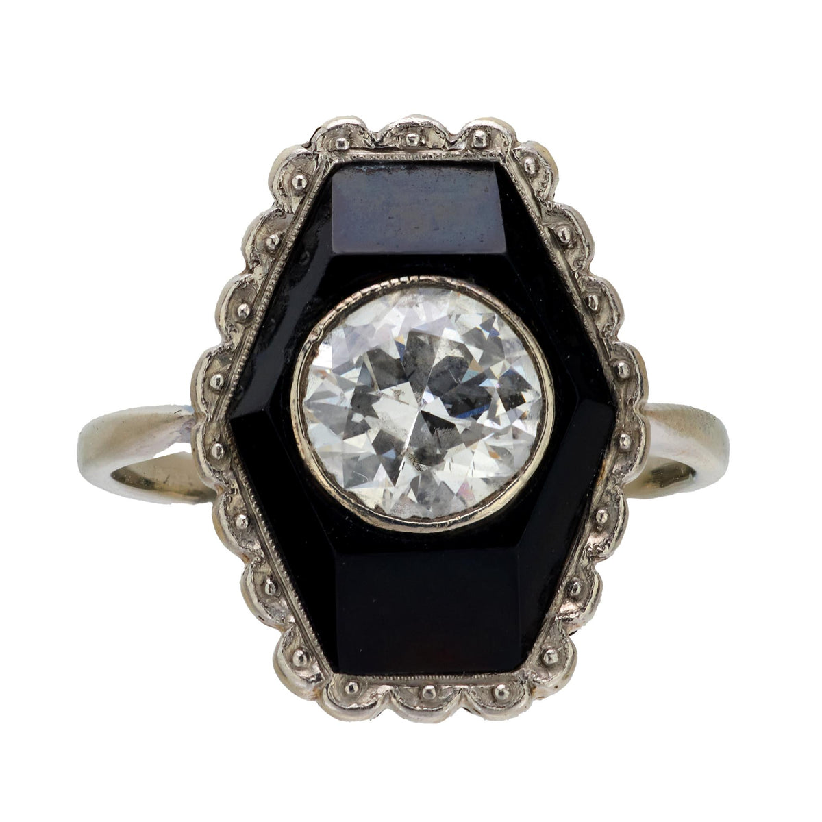 Art Deco old European cut diamond onyx 14k white gold ring