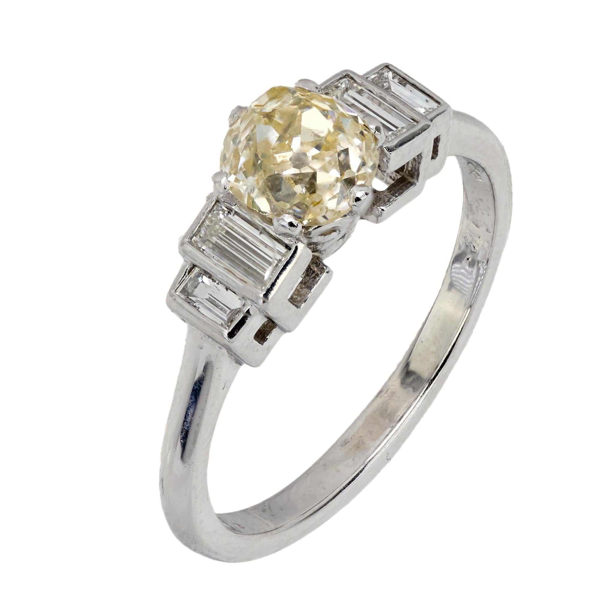 Art Deco .90 carat old mine cut diamond platinum engagement ring