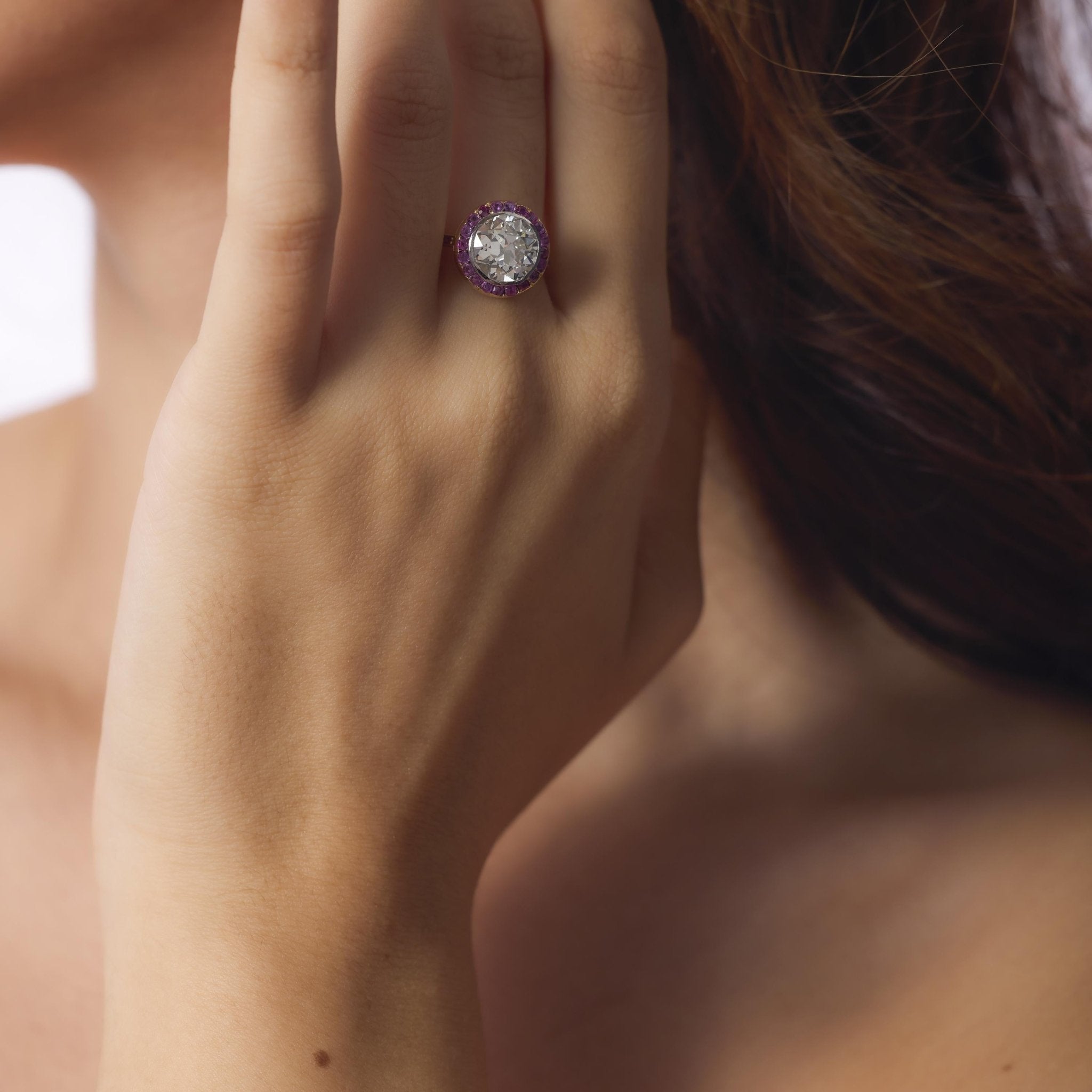 Belle Époque French GIA 2.92 carat diamond ruby 18k yellow gold ring