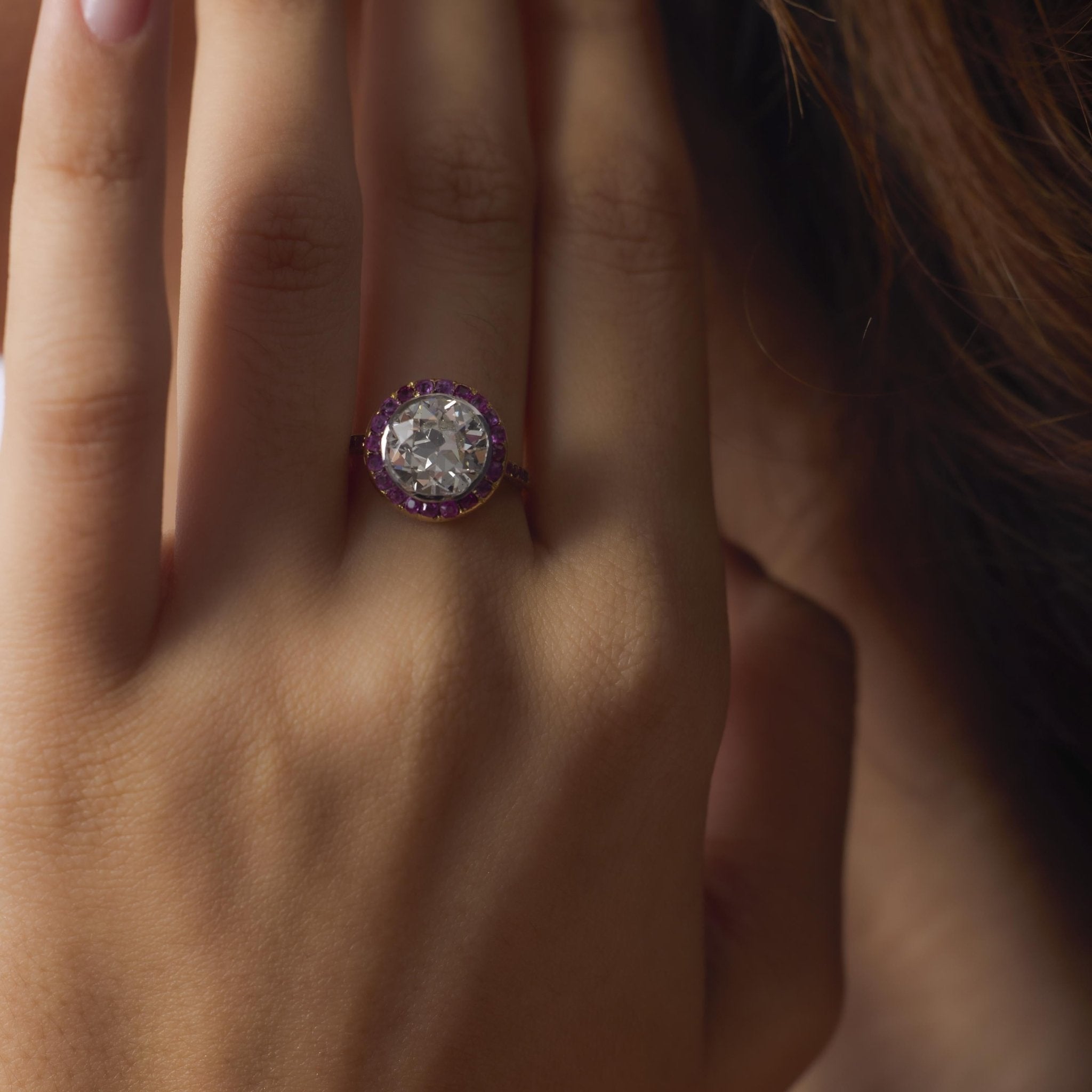 Belle Époque French GIA 2.92 carat diamond ruby 18k yellow gold ring