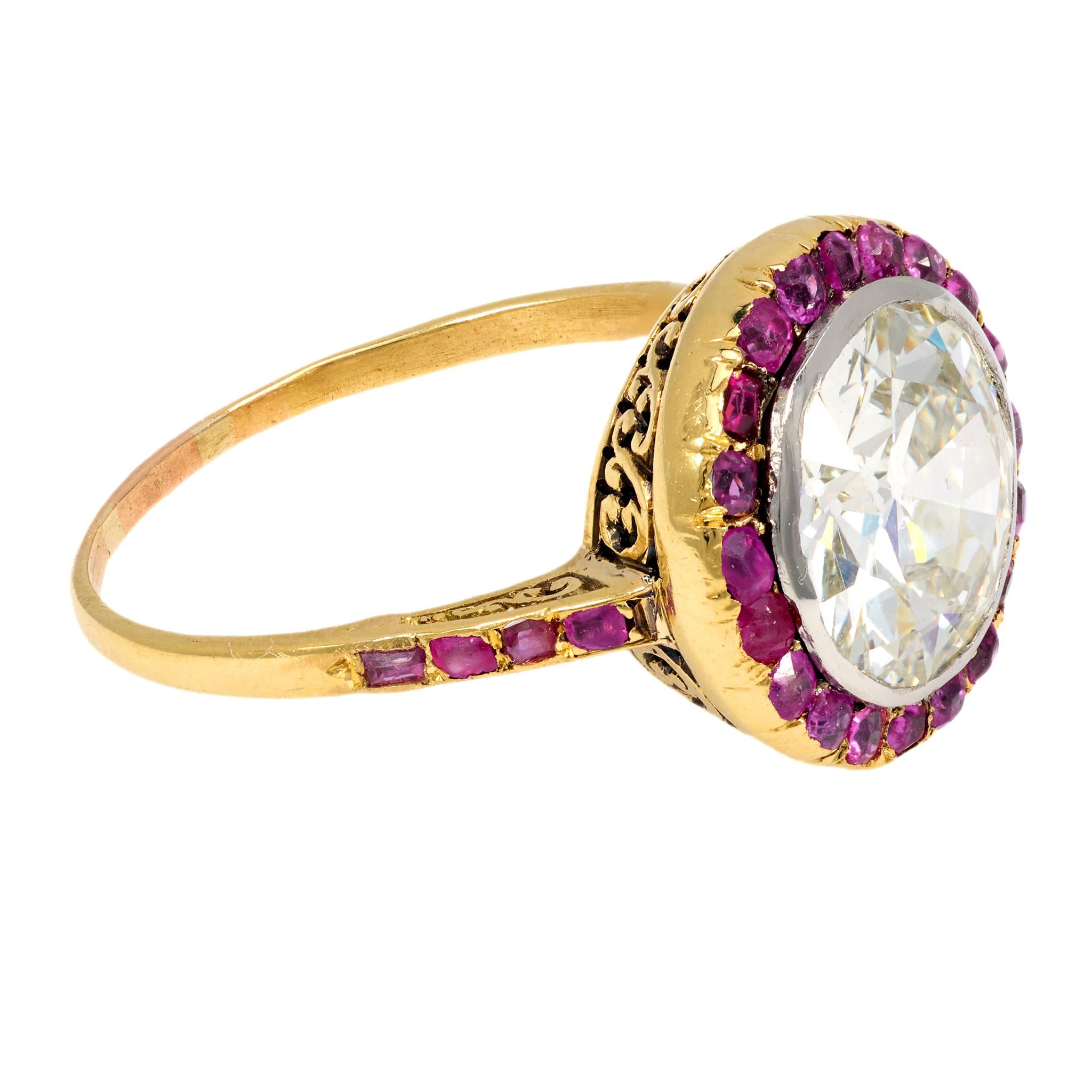 Belle Époque French GIA 2.92 carat diamond ruby 18k yellow gold ring