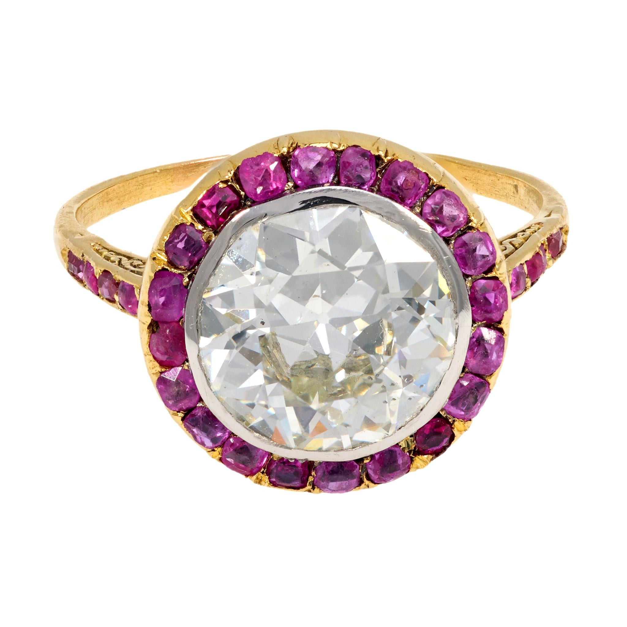 Belle Époque French GIA 2.92 carat diamond ruby 18k yellow gold ring