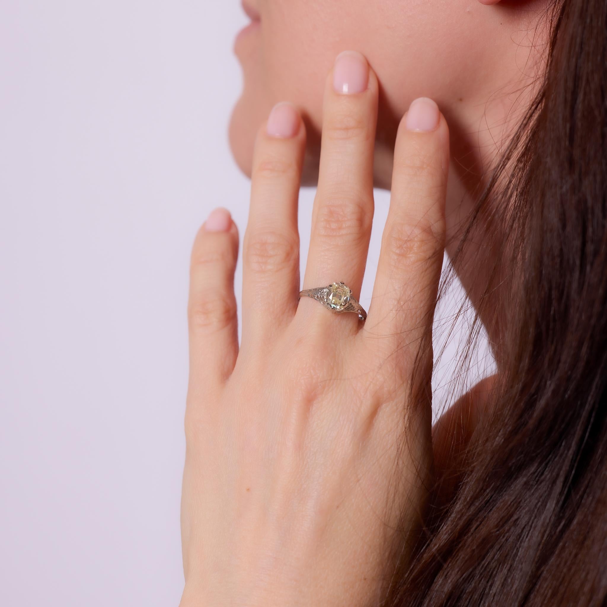 Art Deco GIA 1.39 carat old mine cut diamond engagement ring