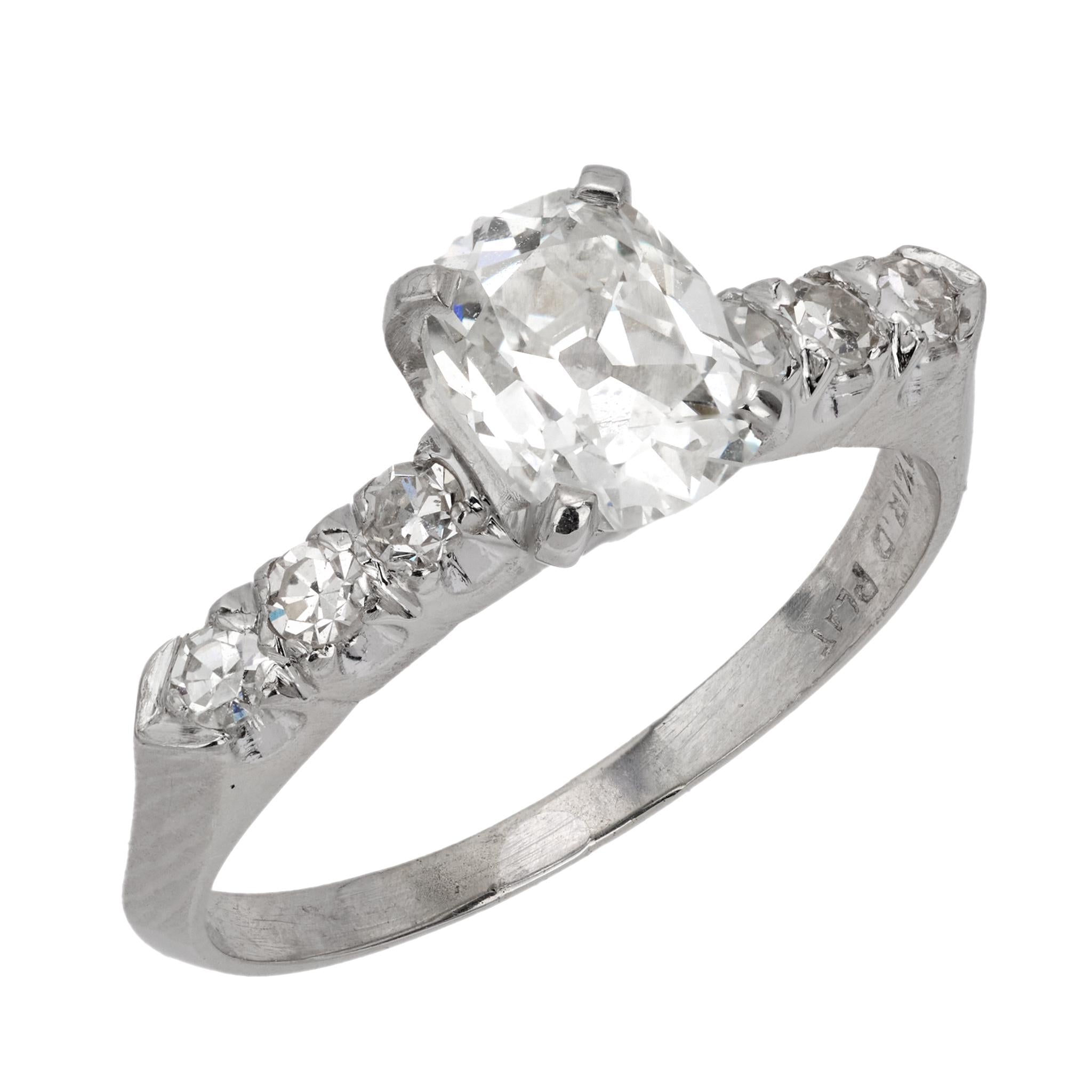 Art Deco GIA 1.10 carat old mine cut diamond platinum engagement ring