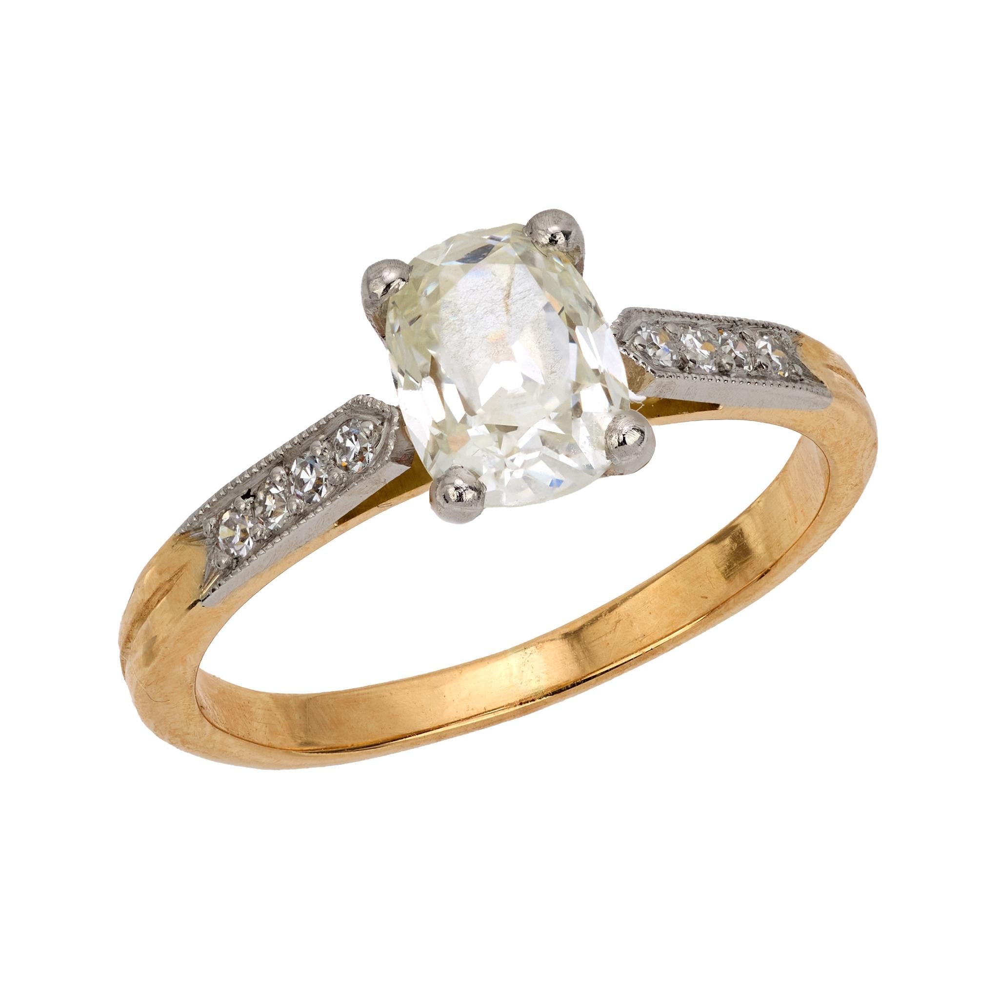 French GIA 1.18 carats old mine cut diamond 18k yellow gold engagement ring