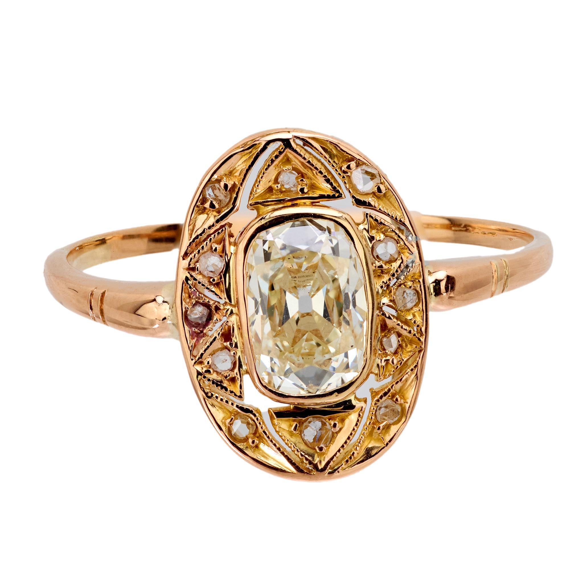 Victorian GIA 1.01 carat old mine cut diamond 18k rose gold ring