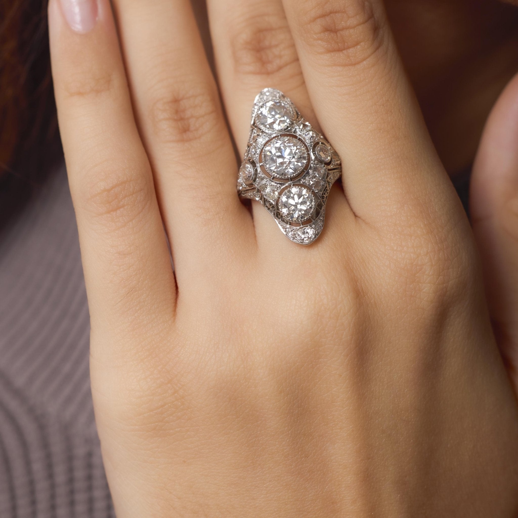 Art Deco GIA 6 carat total weight diamond platinum Navette ring