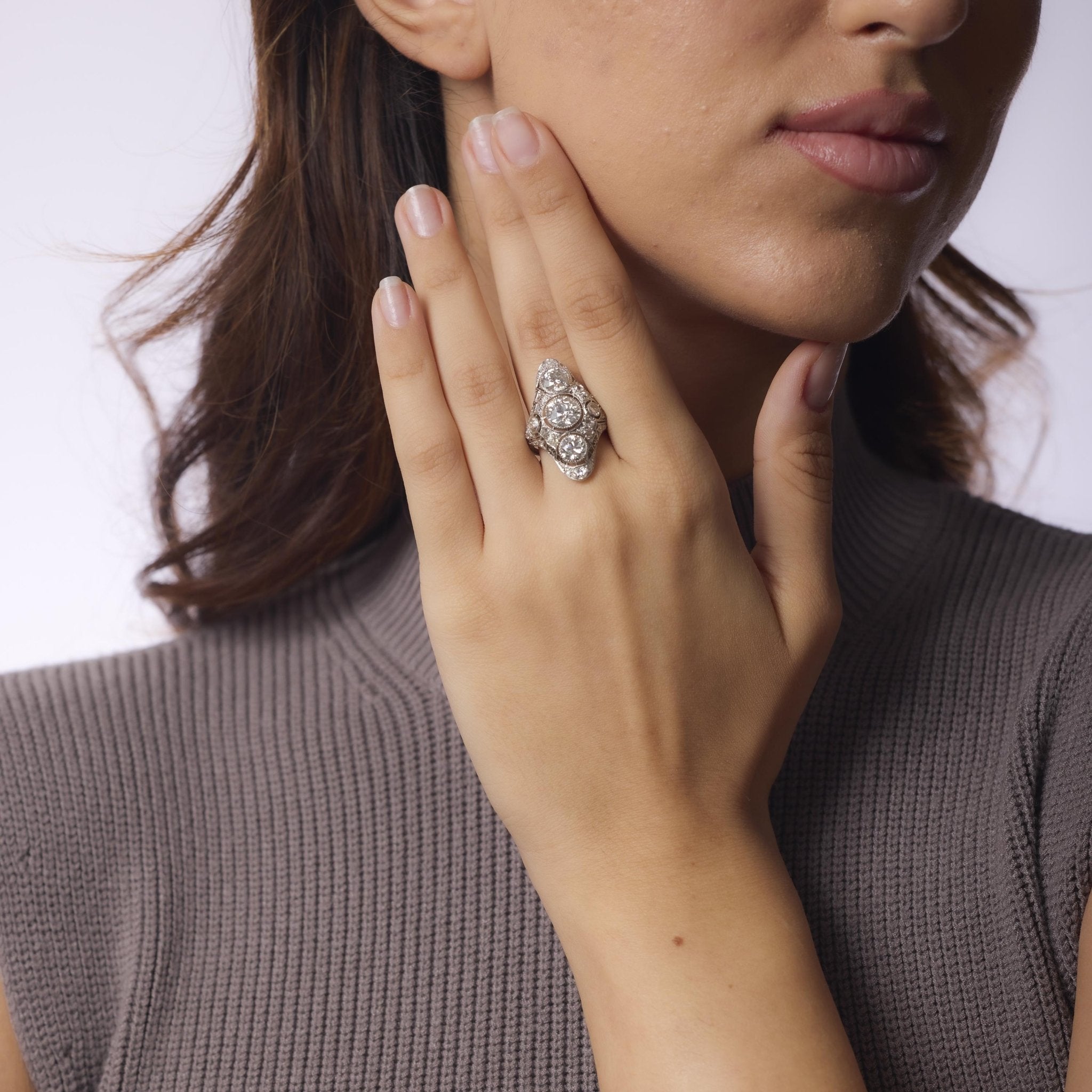 Art Deco GIA 6 carat total weight diamond platinum Navette ring