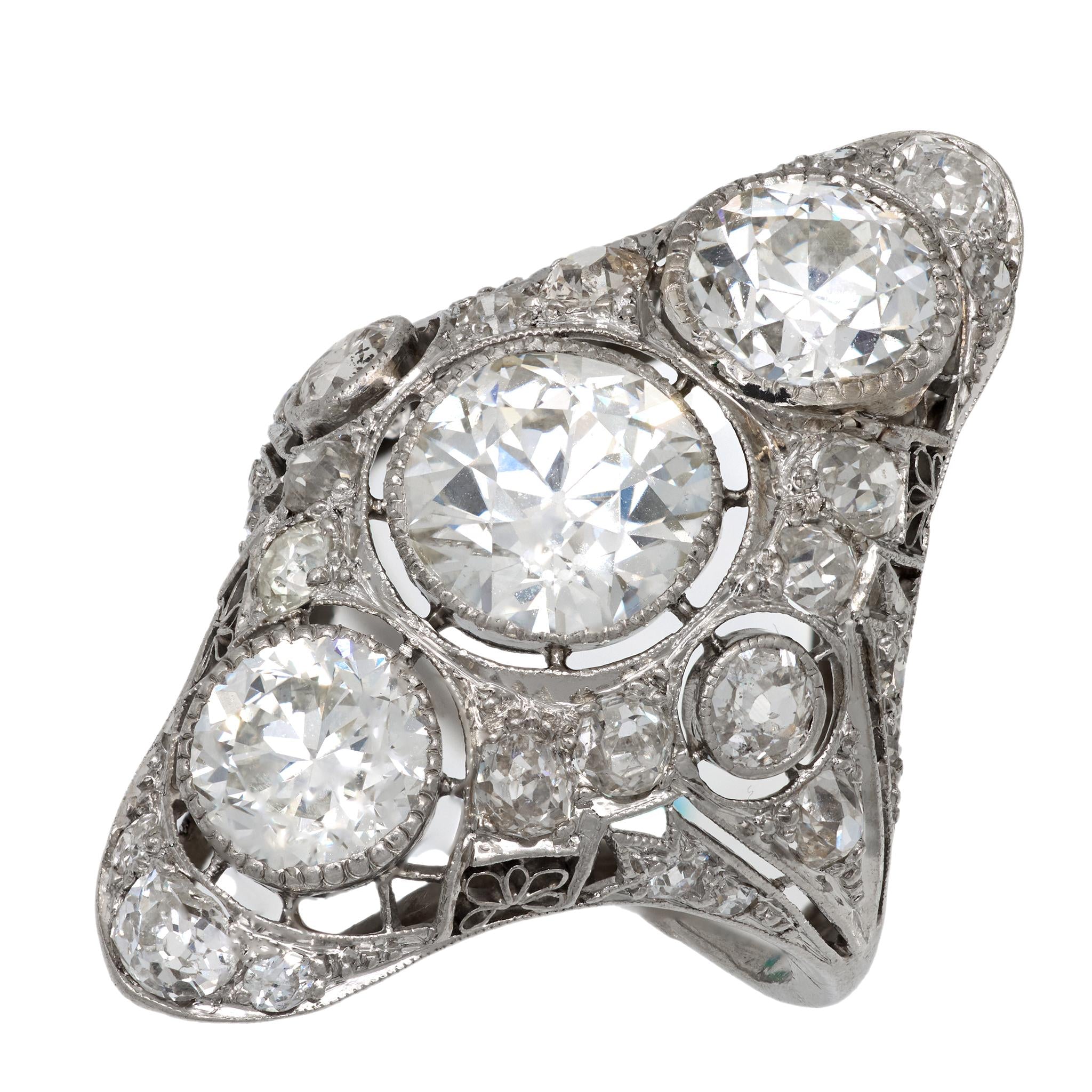 Art Deco GIA 6 carat total weight diamond platinum Navette ring