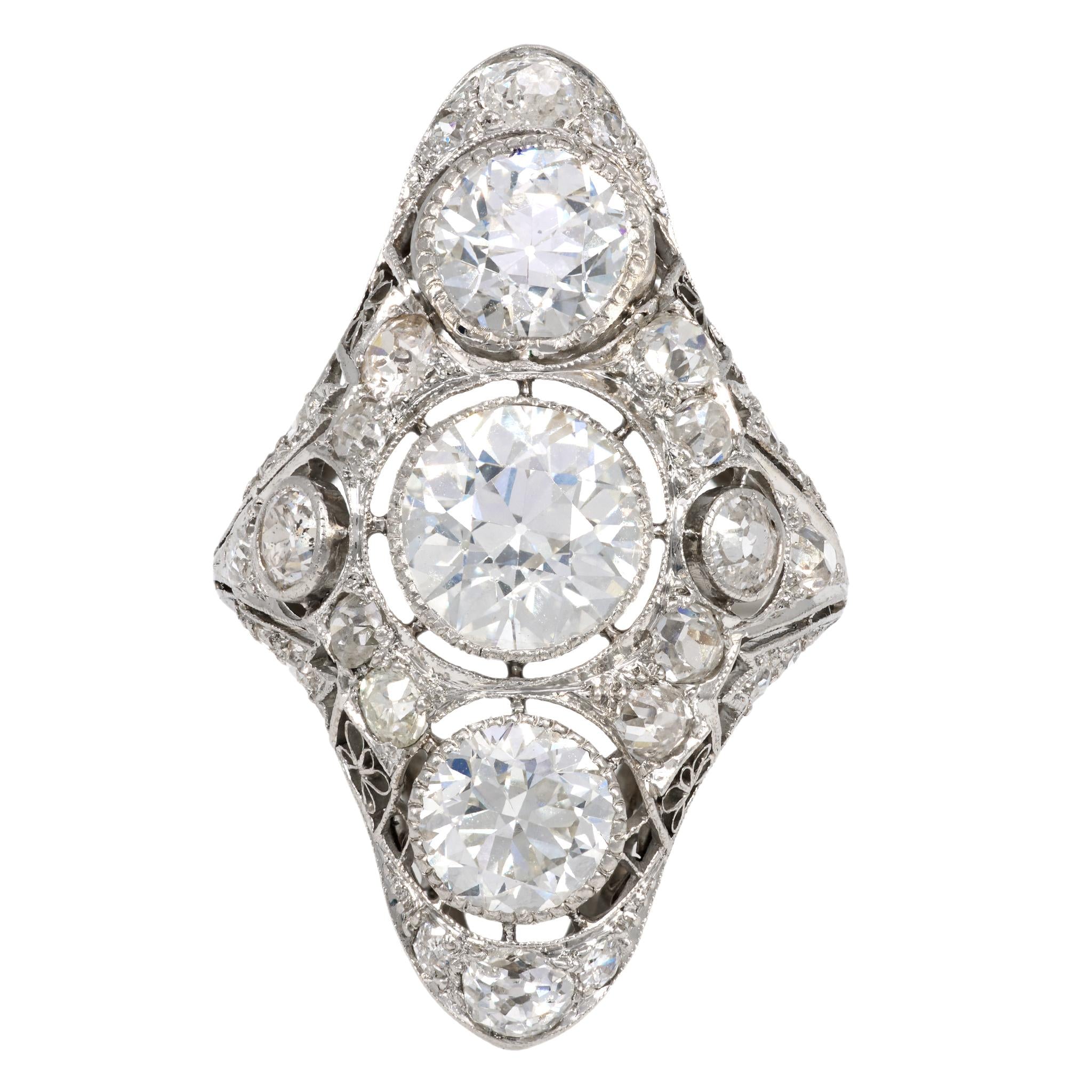 Art Deco GIA 6 carat total weight diamond platinum Navette ring