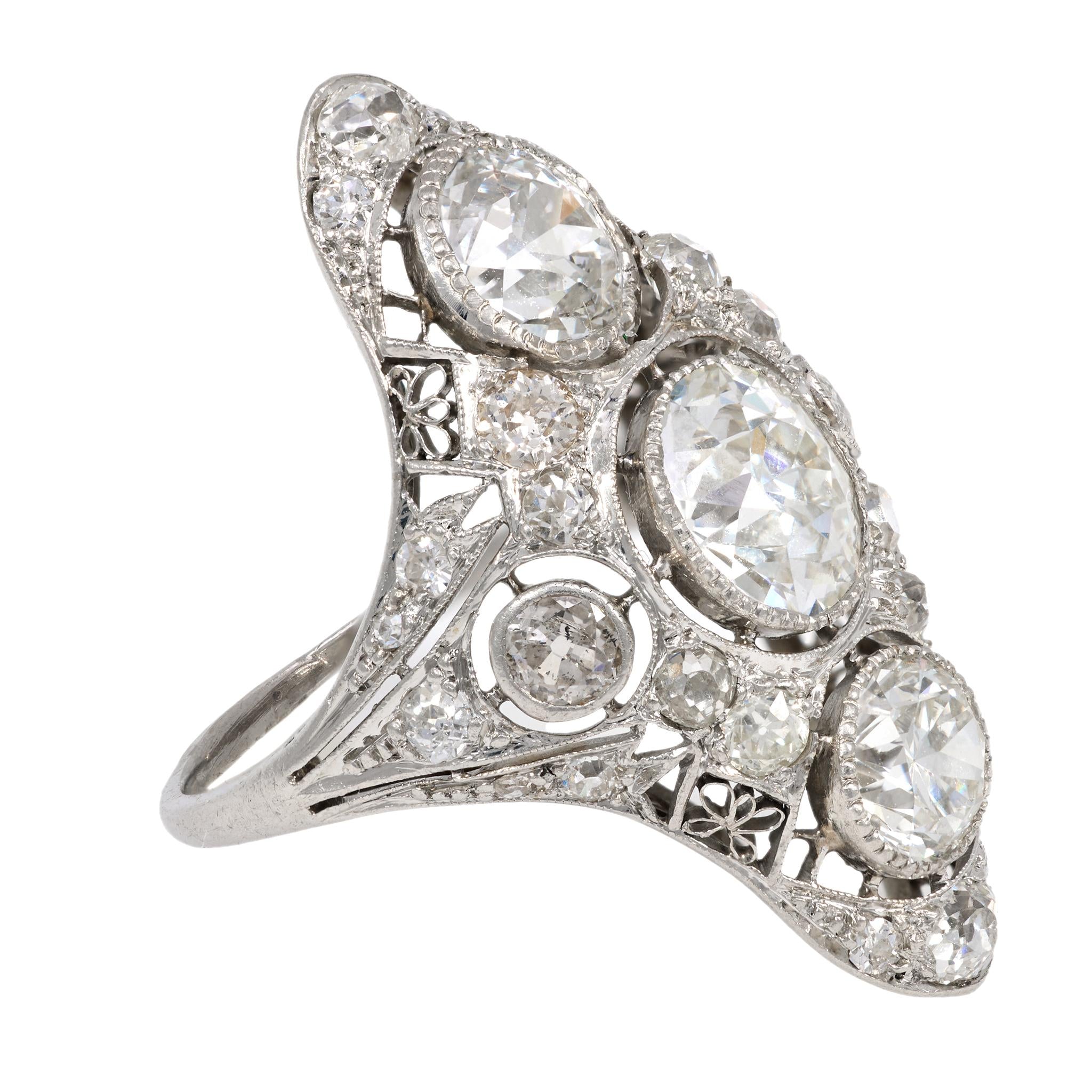 Art Deco GIA 6 carat total weight diamond platinum Navette ring