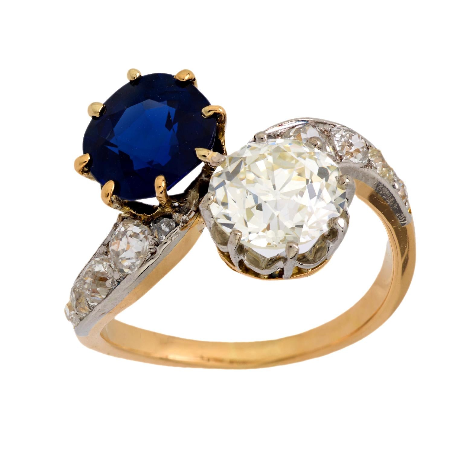 Victorian French GIA diamond no heat sapphire 18k yellow gold toi et moi ring